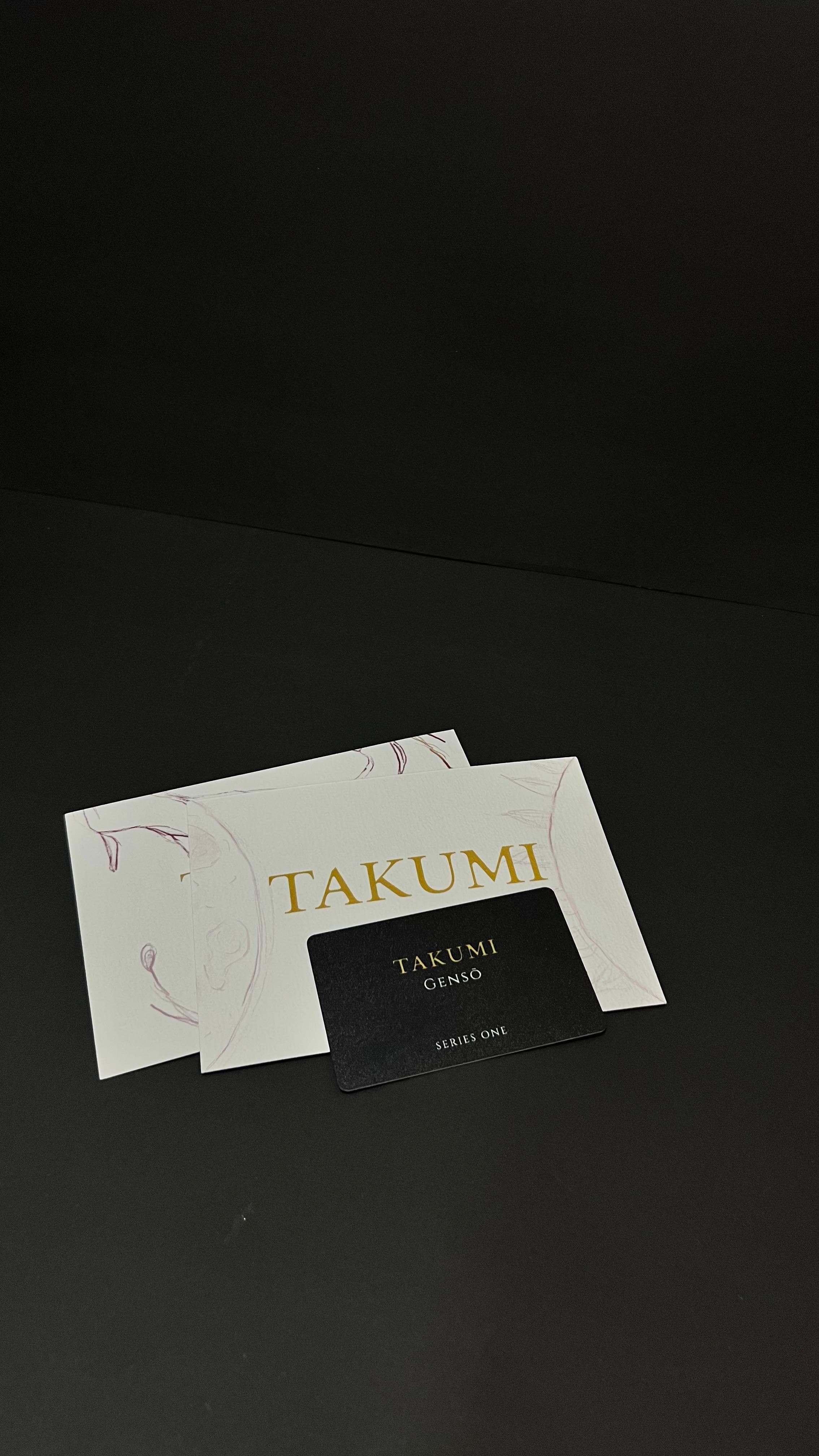 TAKUMI GENSŌ — cream textured cards with mauve line art and the gold TAKUMI wordmark