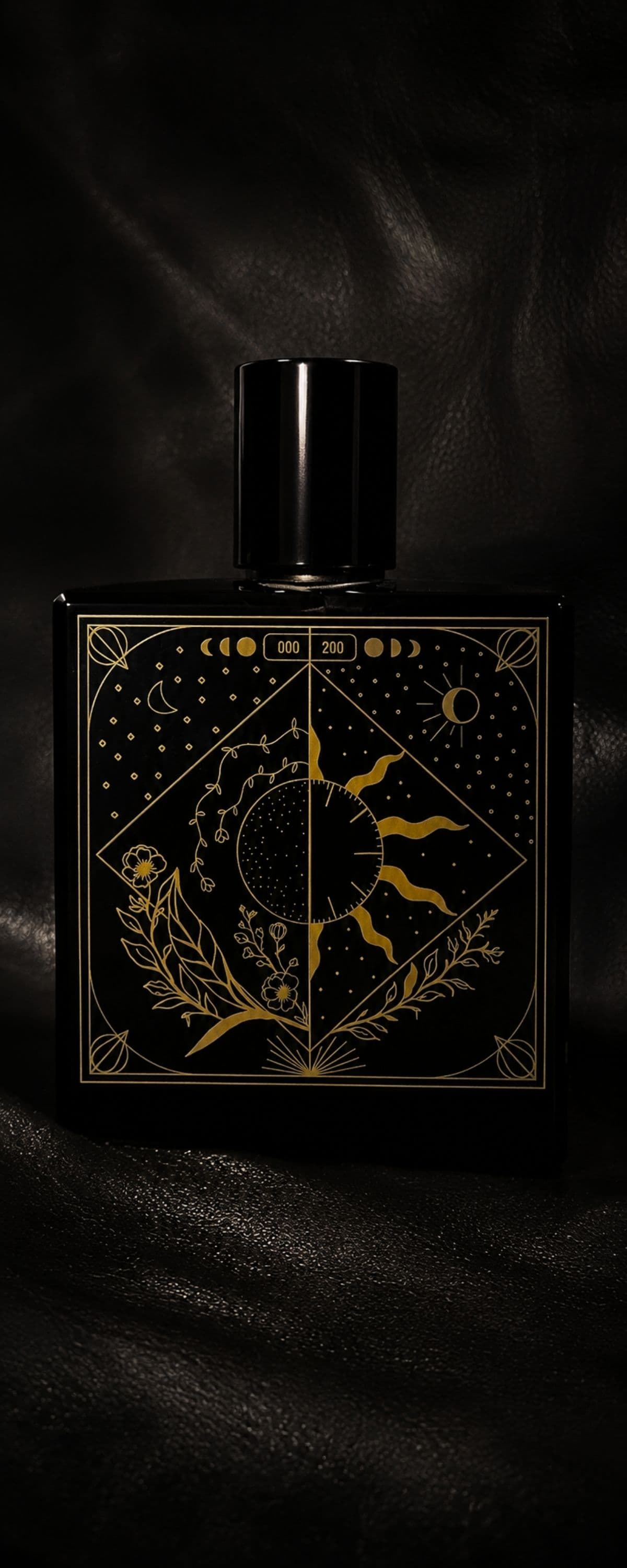 TAKUMI GENSŌ — the bottle's celestial face: a crescent moon and sun held in one gold-line frame, constellation and botanicals below, the edition number in the moon-phase band